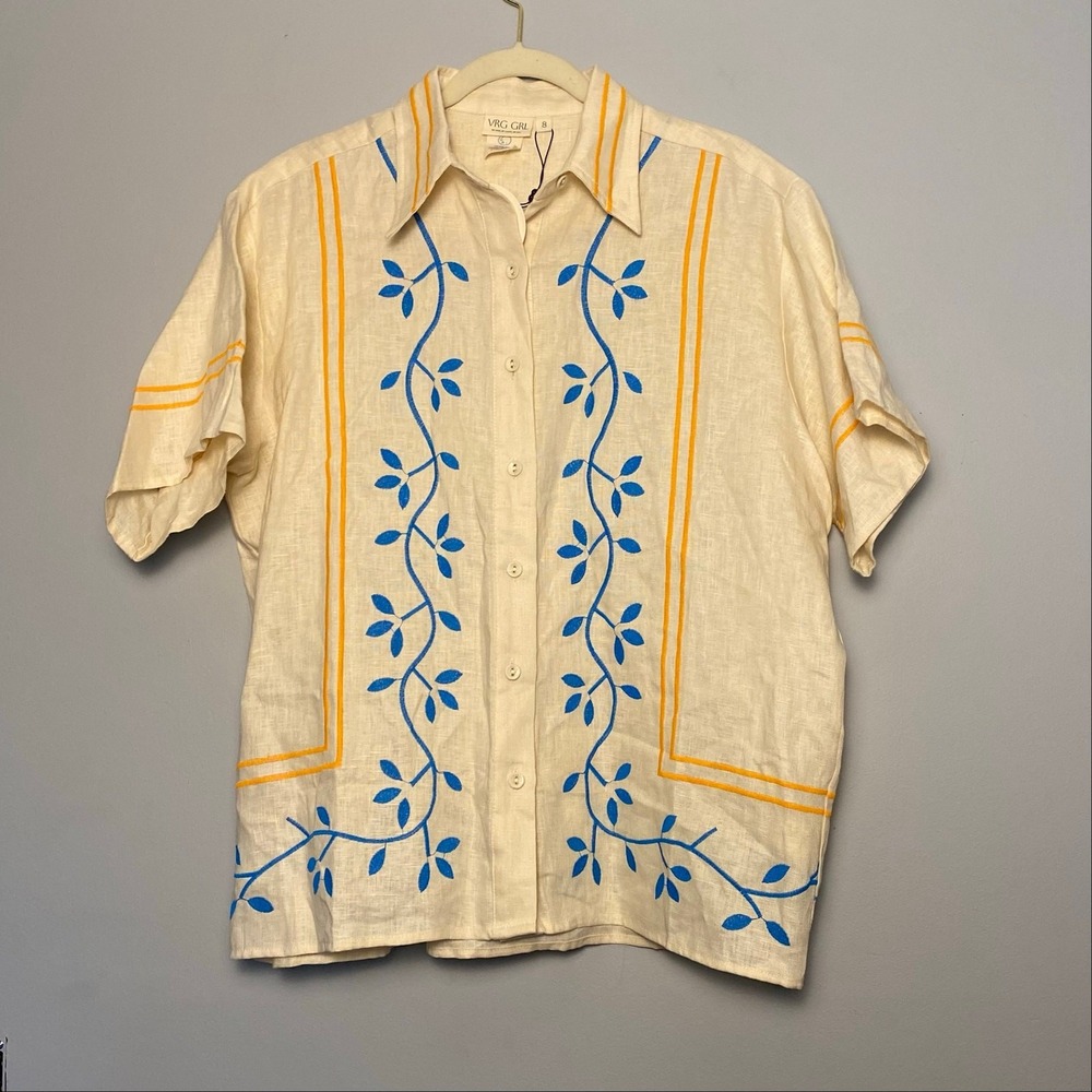 VRG GRL Linen Women Small Oversized Butter Yellow Shirt Embroidery Beach Resort